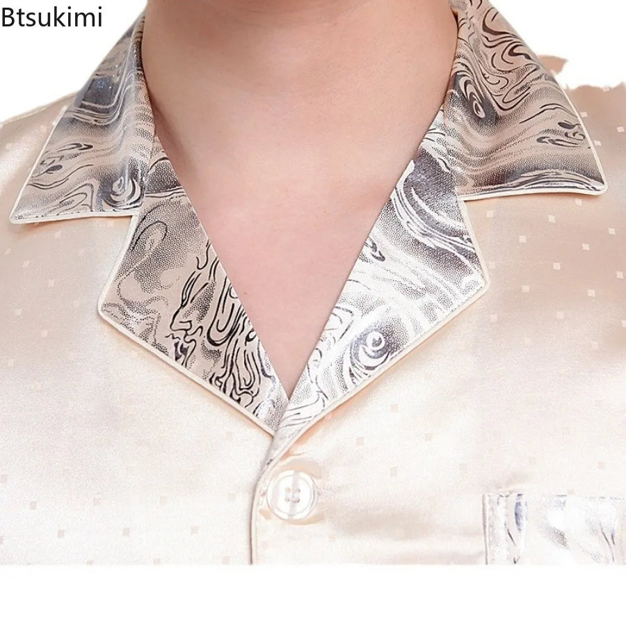 2026 Summer Men's Pajamas Sets Satin Silk Shorts Short Sleeve Two Piece Set Sleepwear Home for Men Night Wear Loungewear Male