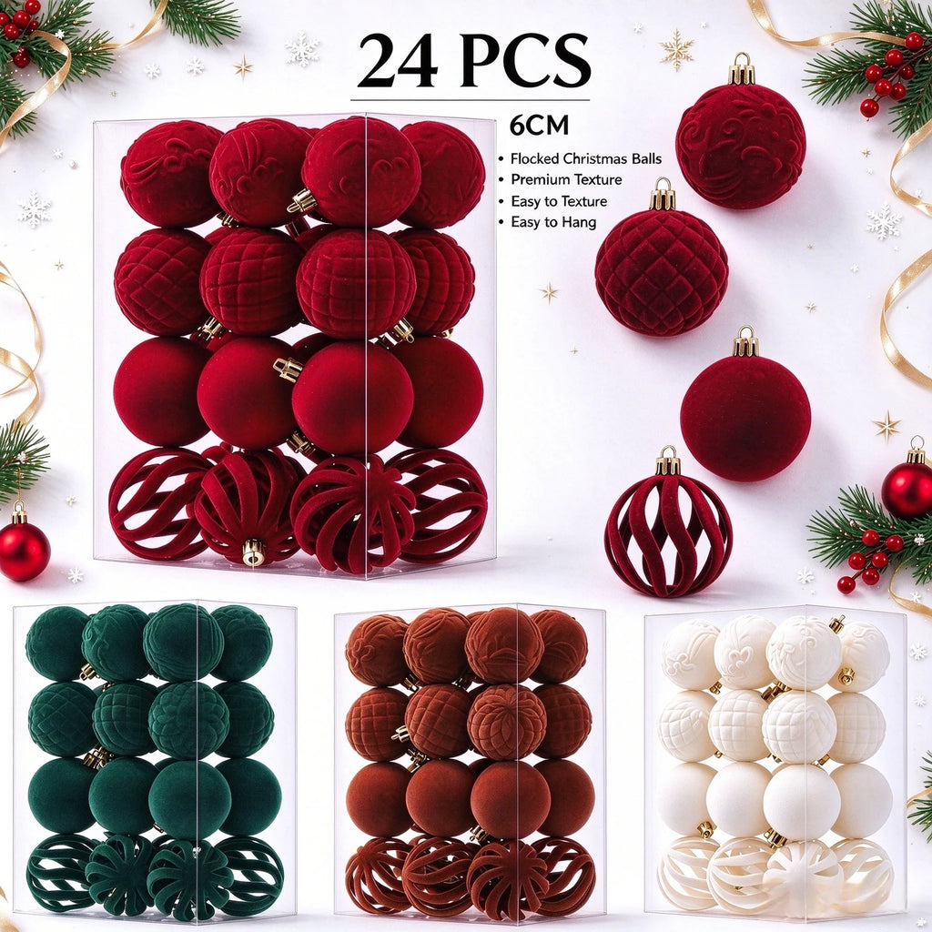 24PCS Flocked Christmas Tree Ornament Balls 6CM DIY Velvet Xmas Tree Hanging Pendants New Year Xmas Home Decoration Navidad 2026