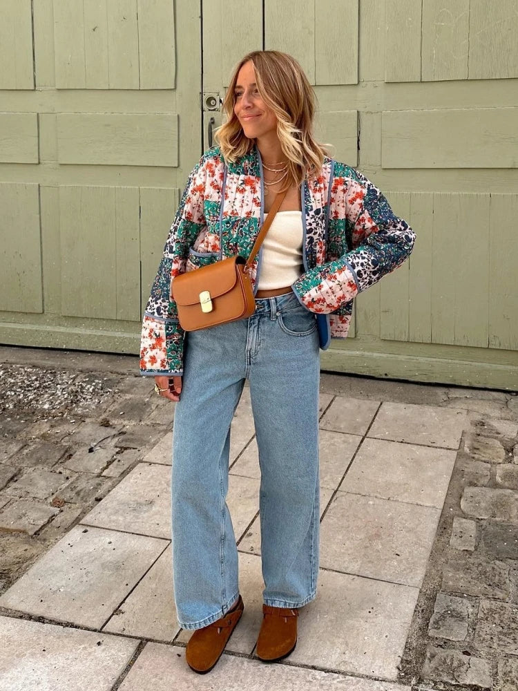 2025 New Autumn Vintage Print Patchwork Cotton Woman Coats Casual Loose Full Sleeve Short Jackets Winter Female Outerwear