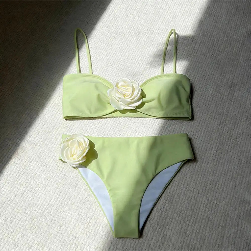 New Women Bikini Set 3D Flower Decor Adjustable Straps Tube Top Bikini Bra High Waist Swimming Trunks Set Sexy Beach Swimwear