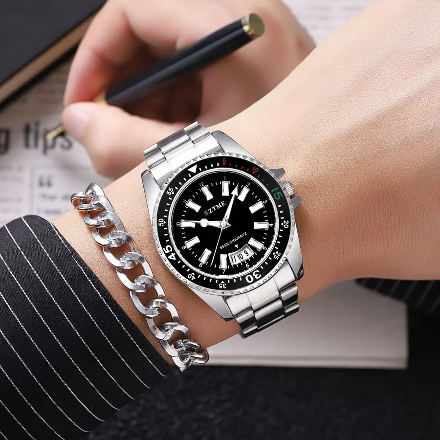 2024 New Men's and Women's Steel Strip Watch Trendy Leisure Calendar Scale Stainless Steel Strip Couple Quartz Watch Gift Watch