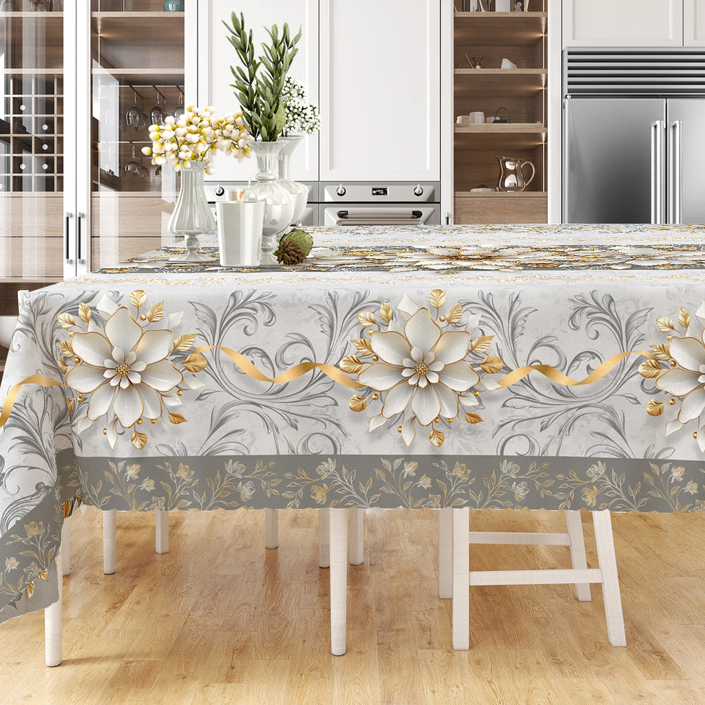 Elegant Floral-Themed Printed Tablecloth, High-Quality White and Gold Pattern, Embossed Edges, Durable, Waterproof, Oil-Proof, Stain-Resistant, Wrinkle-Resistant, Non-Fading, Machine Washable, Reusable, Perfect Gift for Famil