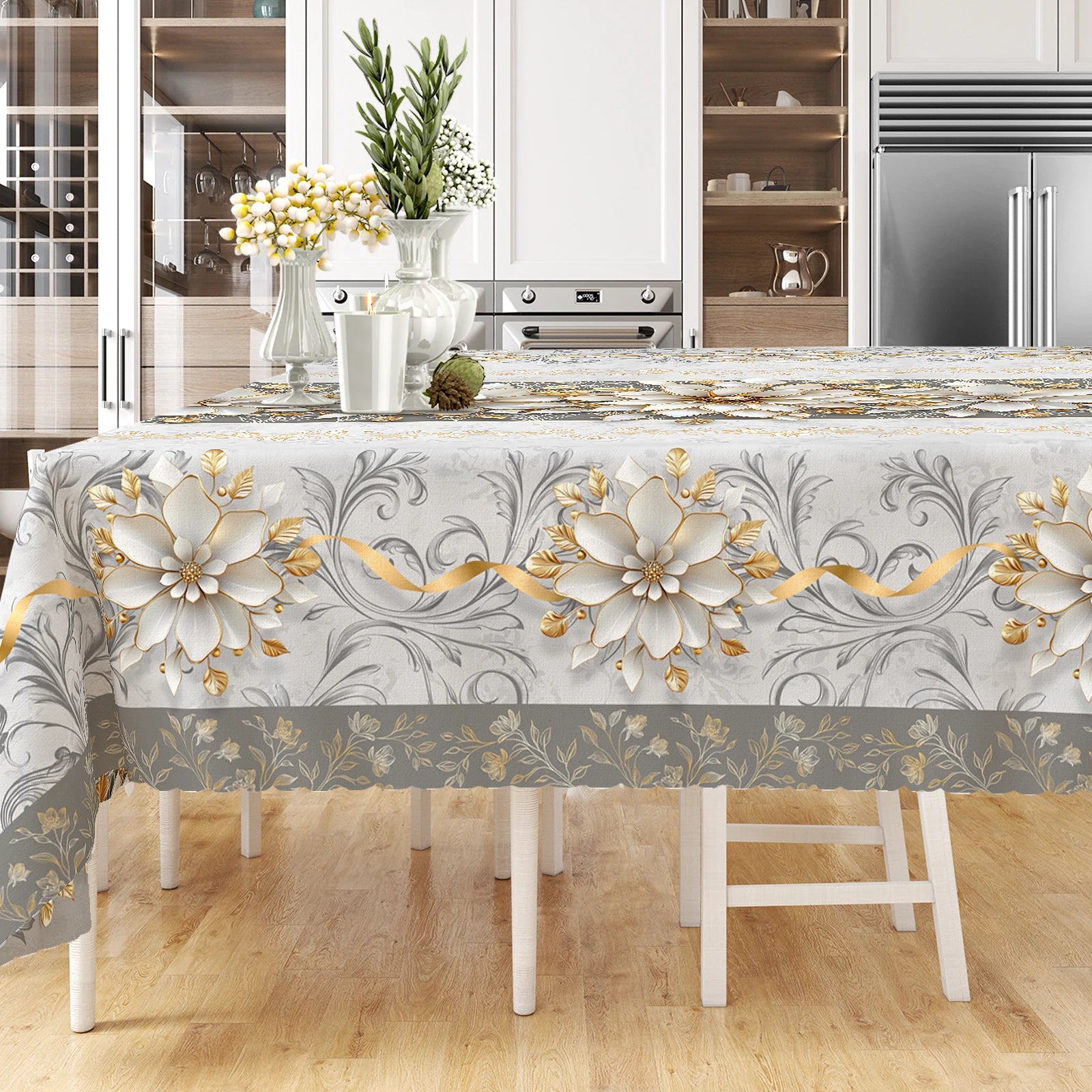 Elegant Floral-Themed Printed Tablecloth, High-Quality White and Gold Pattern, Embossed Edges, Durable, Waterproof, Oil-Proof, Stain-Resistant, Wrinkle-Resistant, Non-Fading, Machine Washable, Reusable, Perfect Gift for Famil
