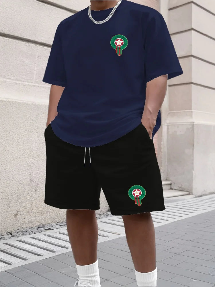 Youth Men's Fashionable Casual Sports Two-Piece Set Print Summer Short-Sleeved T-Shirt And Shorts Ensemble