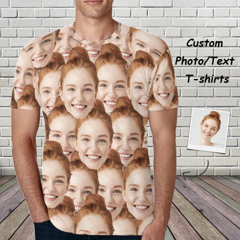 Custom Face T-shirts For Men Full Print Personalized Diy Face Photo Tshirt Custom Picture Short Sleeve Round Neck Tee Shirt
