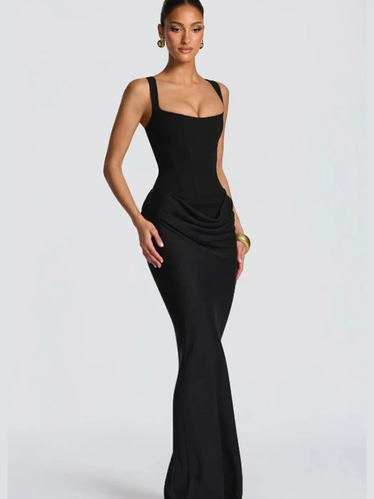 Fashion Solid Strapless Backless Pleated Dress Women Sleeveless Waist Slimming Long Gown Spring Lady Evening Party Robe 2026 New