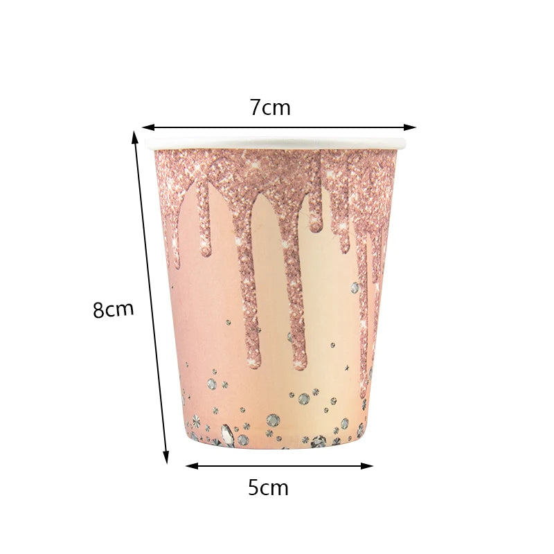 Rose Gold Disposable Tableware Diamond Pattern Paper Cups Plates Straws Table Decoration Wedding Birthday Party Supplies