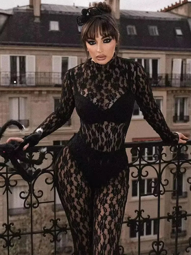 HH Womens Lace Pants Sets Slim Jumpsuits Top + High Waist Trousers Sexy Lady Floral Lace Translucent Y2k Bodysuit Suits