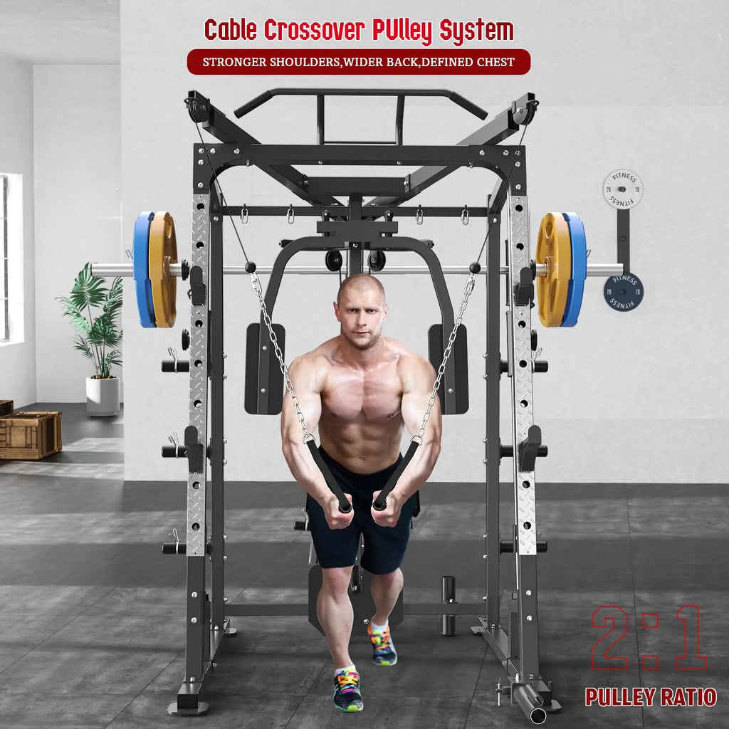 Smith Machine, Power Cage Squat Rack with Smith Bar, LAT Pull-Down Systems, Cable Crossover Machine and Cable, Customized