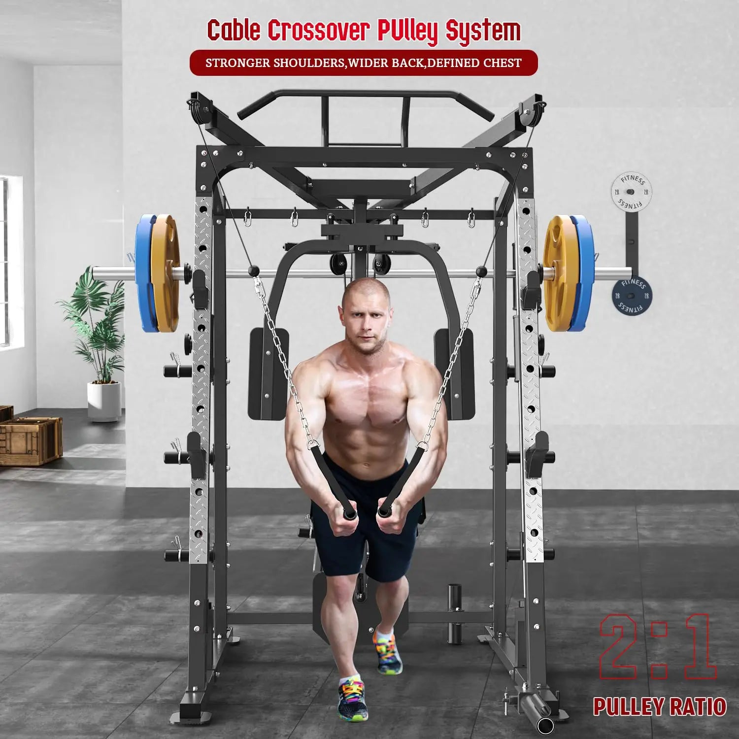 Smith Machine, Power Cage Squat Rack with Smith Bar, LAT Pull-Down Systems, Cable Crossover Machine and Cable, Customized