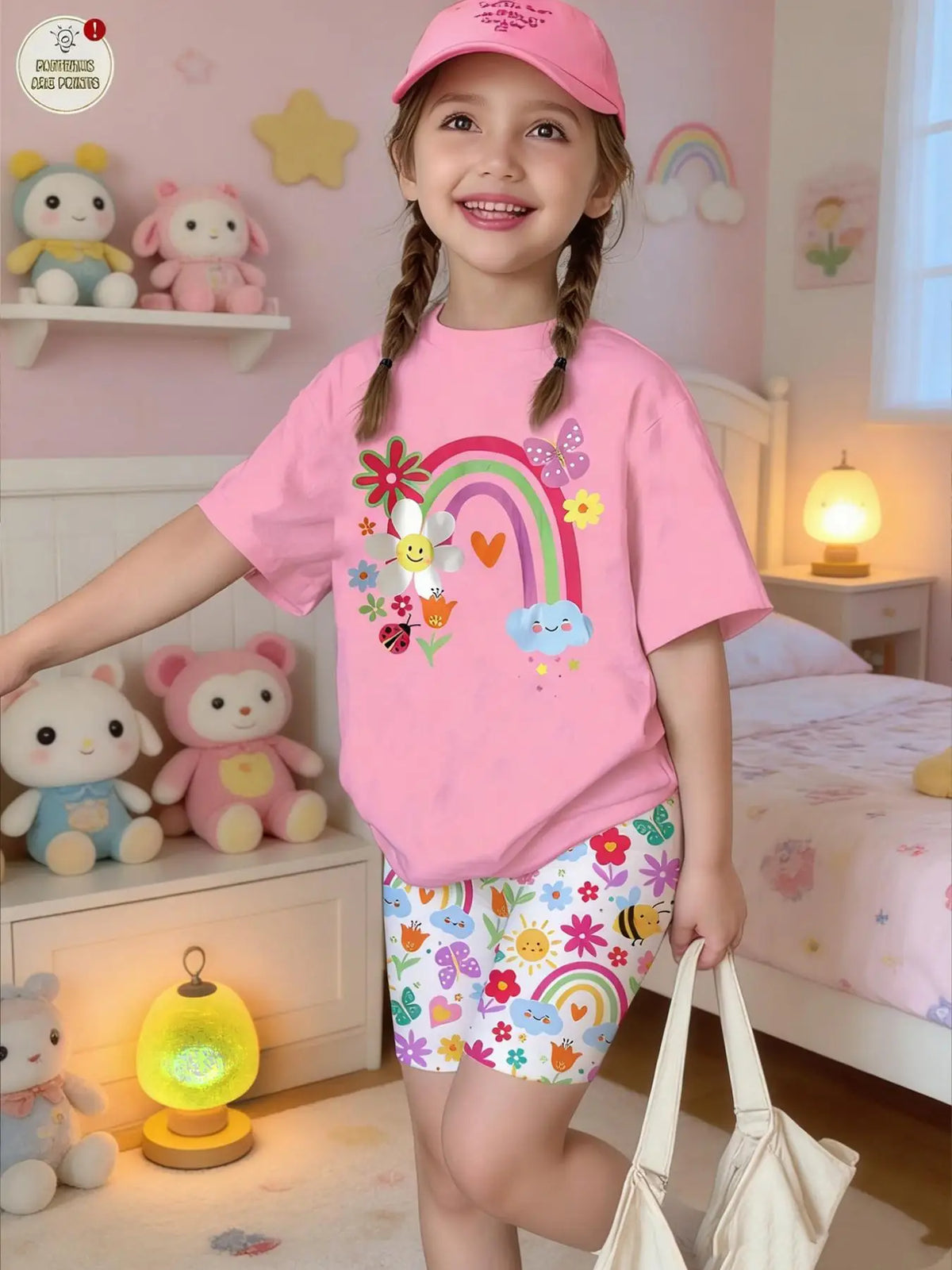 Girls' Summer Casual Outfit, Children's Sweet and Romantic Rainbow Floral Print Set, Pink Short-Sleeve Top + Tight Leggings Two-Piece Set, Suitable for Girls Aged 4-12, Versatile Clothing for Home, Leisure, and Outings