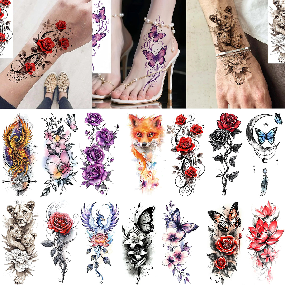 1 Sheet Phoenix Fox Rose Temporary Tattoos For Adult Forearm Ankle, Fake Tattoo Sticker Long Lasting Realistic Waterproof Tatoos