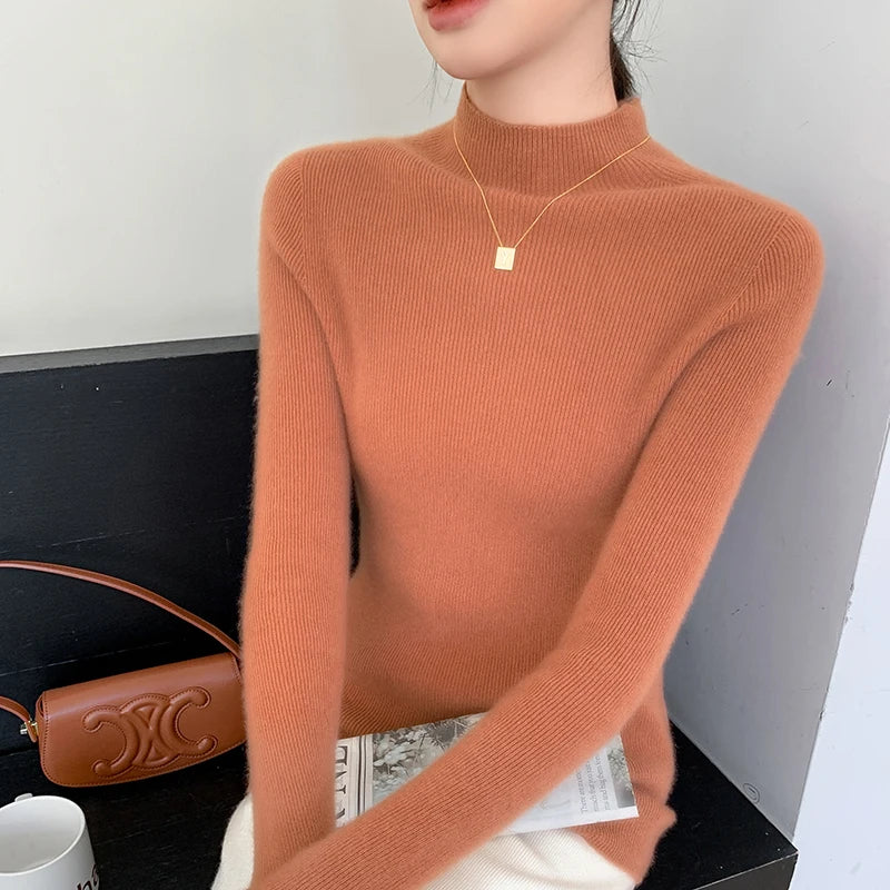Autumn and Winter New Women's Cashmere Sweater 100% Pure Cashmere Semi High Neck Women's Pullover Soft Basic Women's Top
