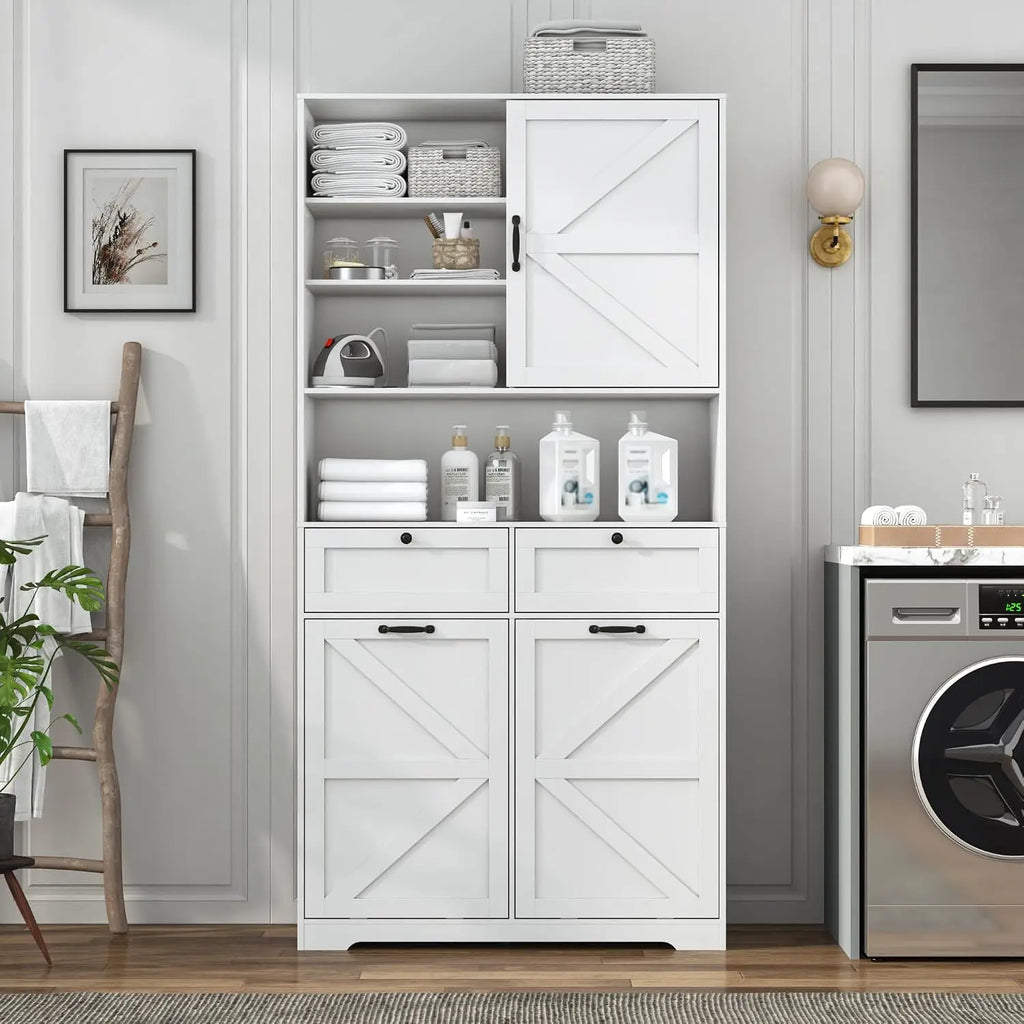 78" Tall Tilt-Out Double Doors Laundry Cabinet Hamper w Hidden Laundry Hamper,Large Pull Out Laundry Room Storage Cabinets,