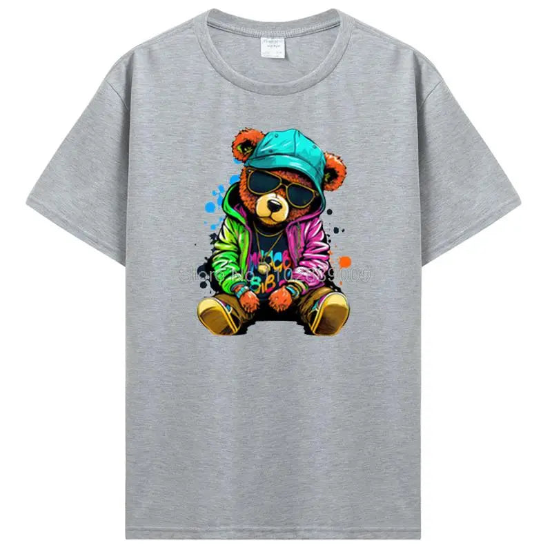 Teddy Bear Playing Badminton T-shirt Cotton Clothing Tops Graphics Kawaii Men Women Short Sleeve Print TShirt Tees