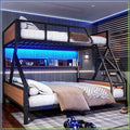 Queen Over King Bunk Bed w/ Storage Shelves, Metal Frame, LED Lights, Heavy Duty, No Box Spring, Black