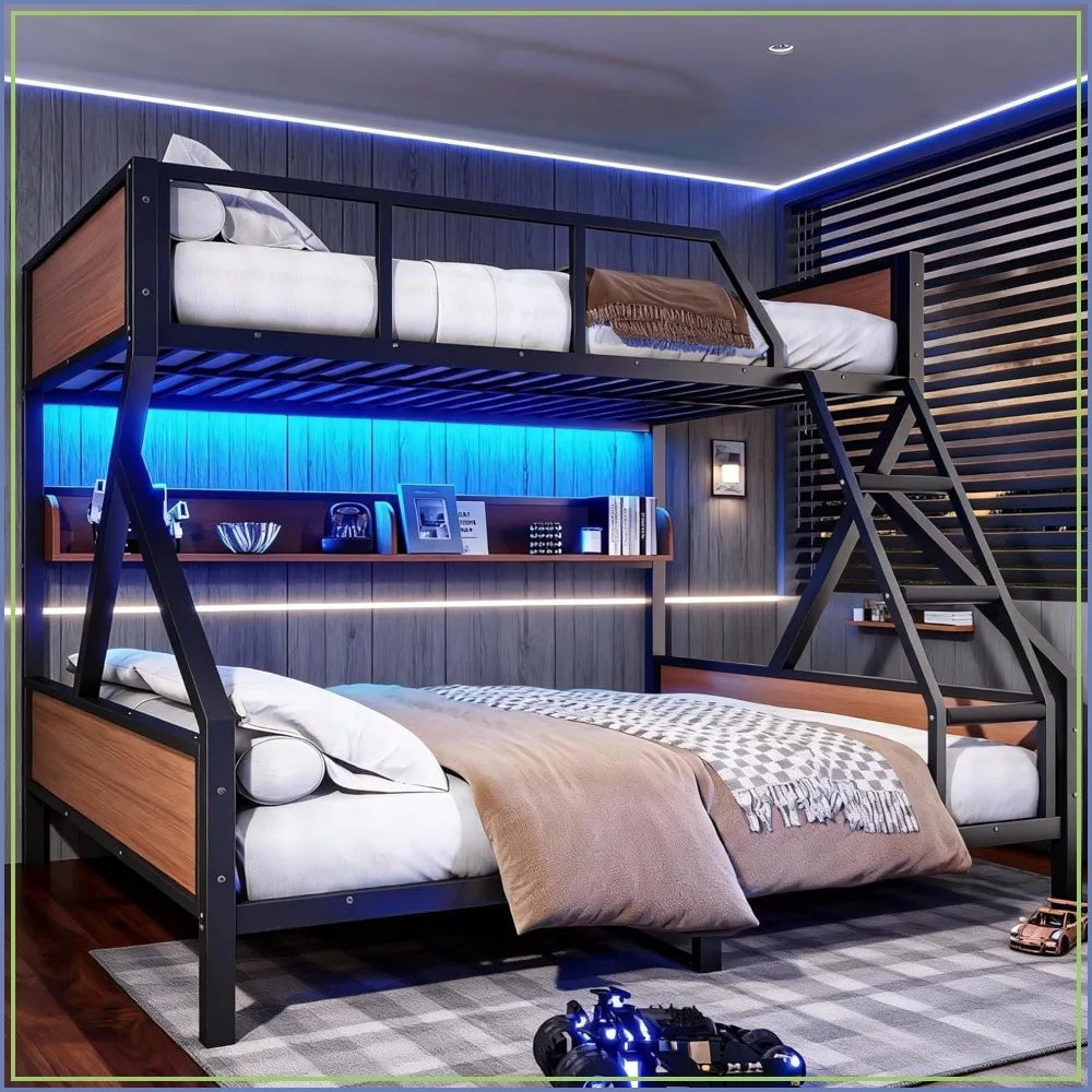 Queen Over King Bunk Bed w/ Storage Shelves, Metal Frame, LED Lights, Heavy Duty, No Box Spring, Black