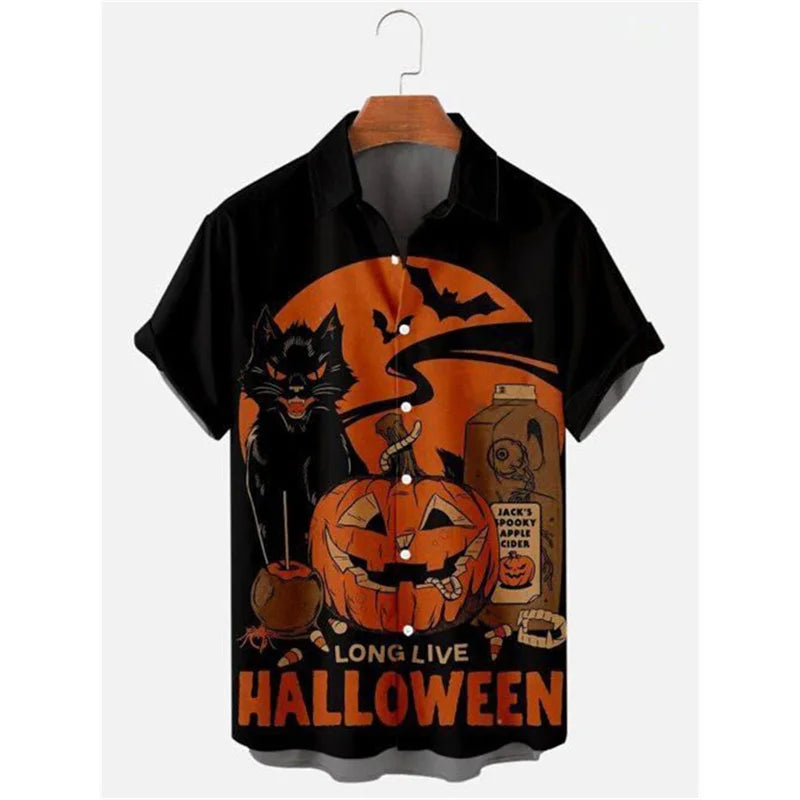 Pumpkin Bat Graphic Hawaiian Shirt For Men Women Halloween 3D Printed Aloha Shirts Summer Casual Short Sleeve Blouse Lapel Tops