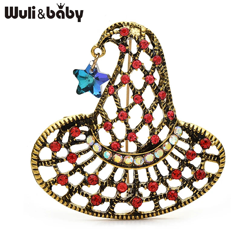 Wuli&baby Vintage Witch Hat Brooches For Women Unisex 2-color Metal Rhinestone Cut-out Star Hat Halloween Brooch Pins