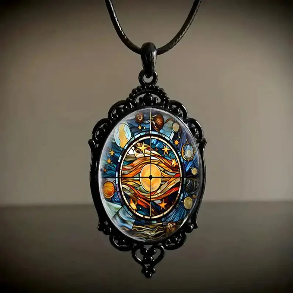 Gothic Glass Pendant Necklace for Women Sun Moon Punk Style Charm Necklace Vintage Cameo Rope Chain Witch Accessories