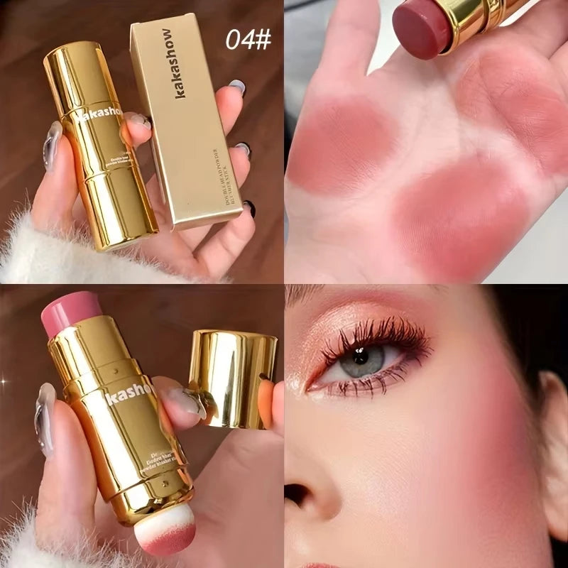 Double Head Powder Blusher Stick, Multi-use Cream Blush Stick with Sponge Tip, Long-lasting Natural Cheek Tint, Portable Makeup
