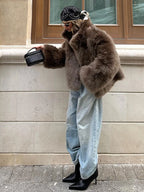 2025 Winter Women's Faux Fur Coats Fashion Stand Collar Short Jackets Warm Long Sleeve High Street Commute Lady Brown Outerwear
