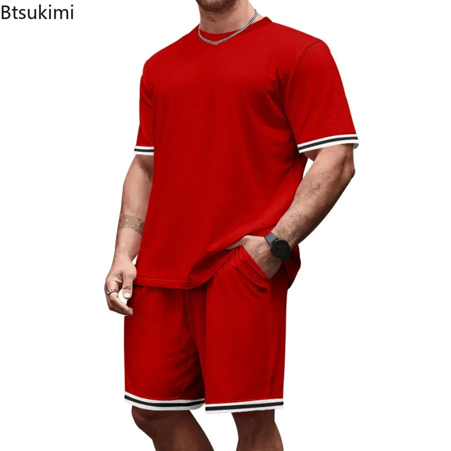 2026 Men's Summer Tracksuit Solid Loose Casual Round Neck Short Sleeve T-shirts Shorts Two Piece Sets for Men Gym Clothing Sets