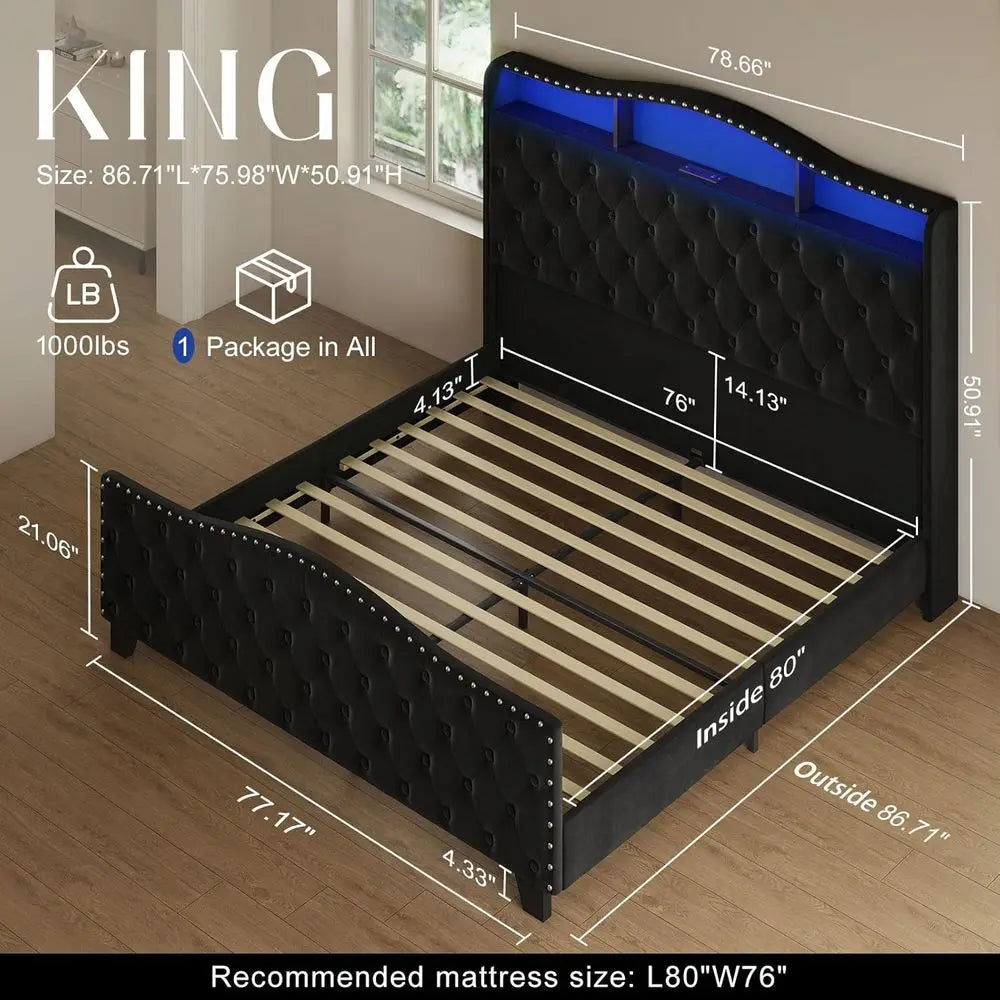 Belin King Size Bed e and board, 50.9" Velvet Upholstered Wingback Bede with LED Lights & Storage/Charging Station, Button Tuted