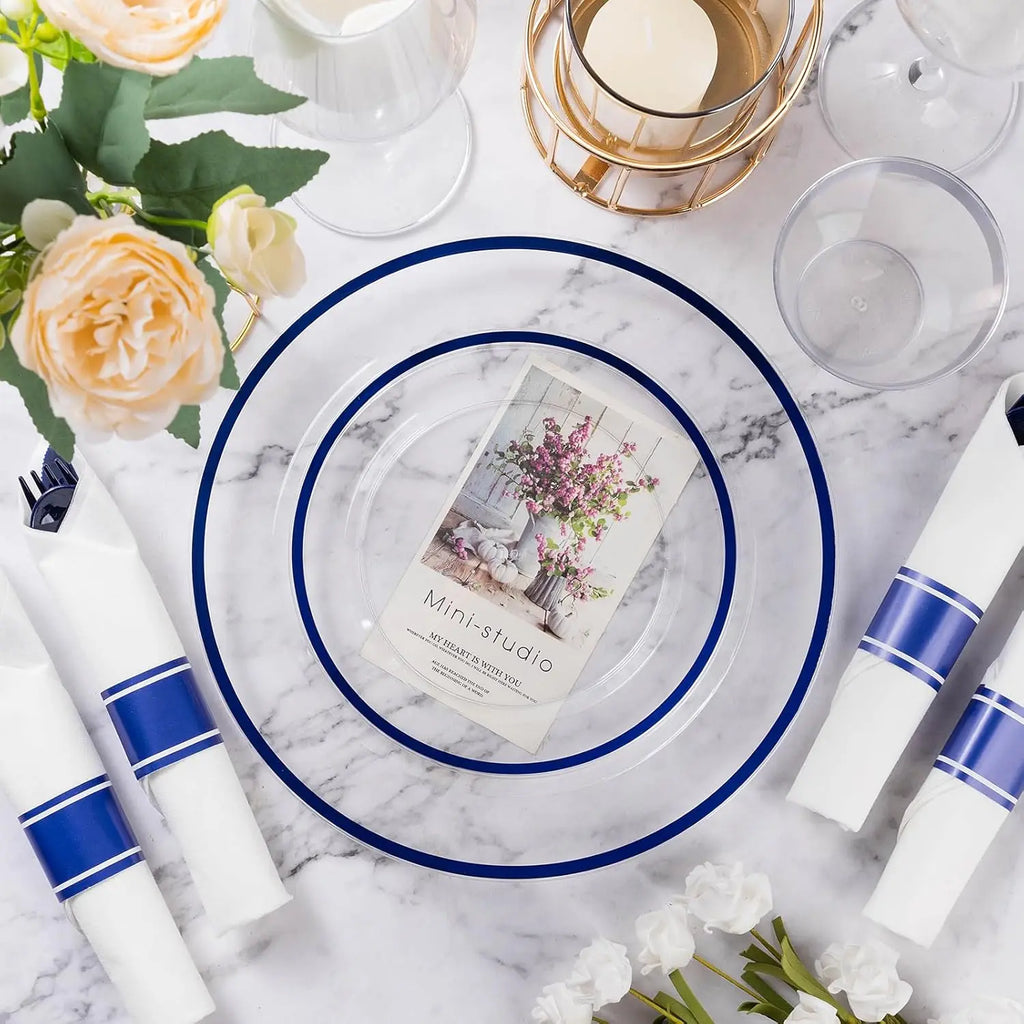 Disposable Party Dinnerware Set – 350 Pieces, Dark Blue Plastic, Includes 100 Clear Plates, 50 Pre-Rolled Napkins with Cutlery Set, 50 Cups, Serves 50 Guests, Ideal for Graduation, Birthday Celebrations