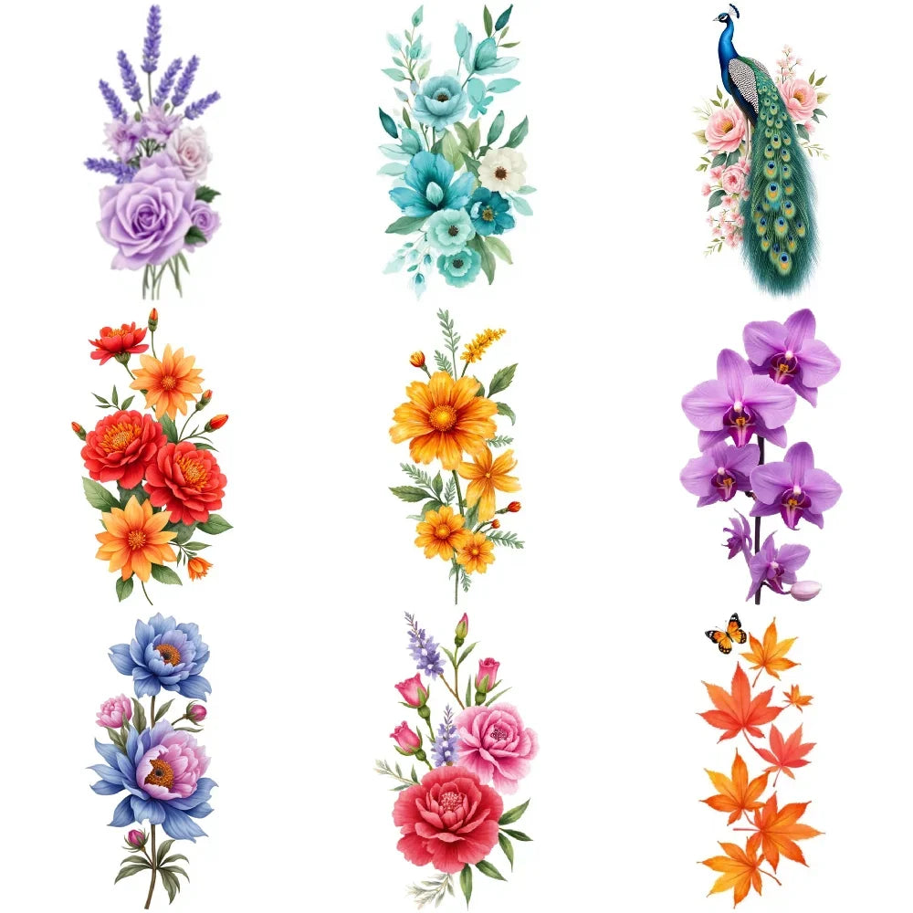 9pcs Colorful Flower Temporary Tattoos Stickers 3D Disposable Body Arm Tatoo Sticker Men Women Waterproof Fake Tatoos