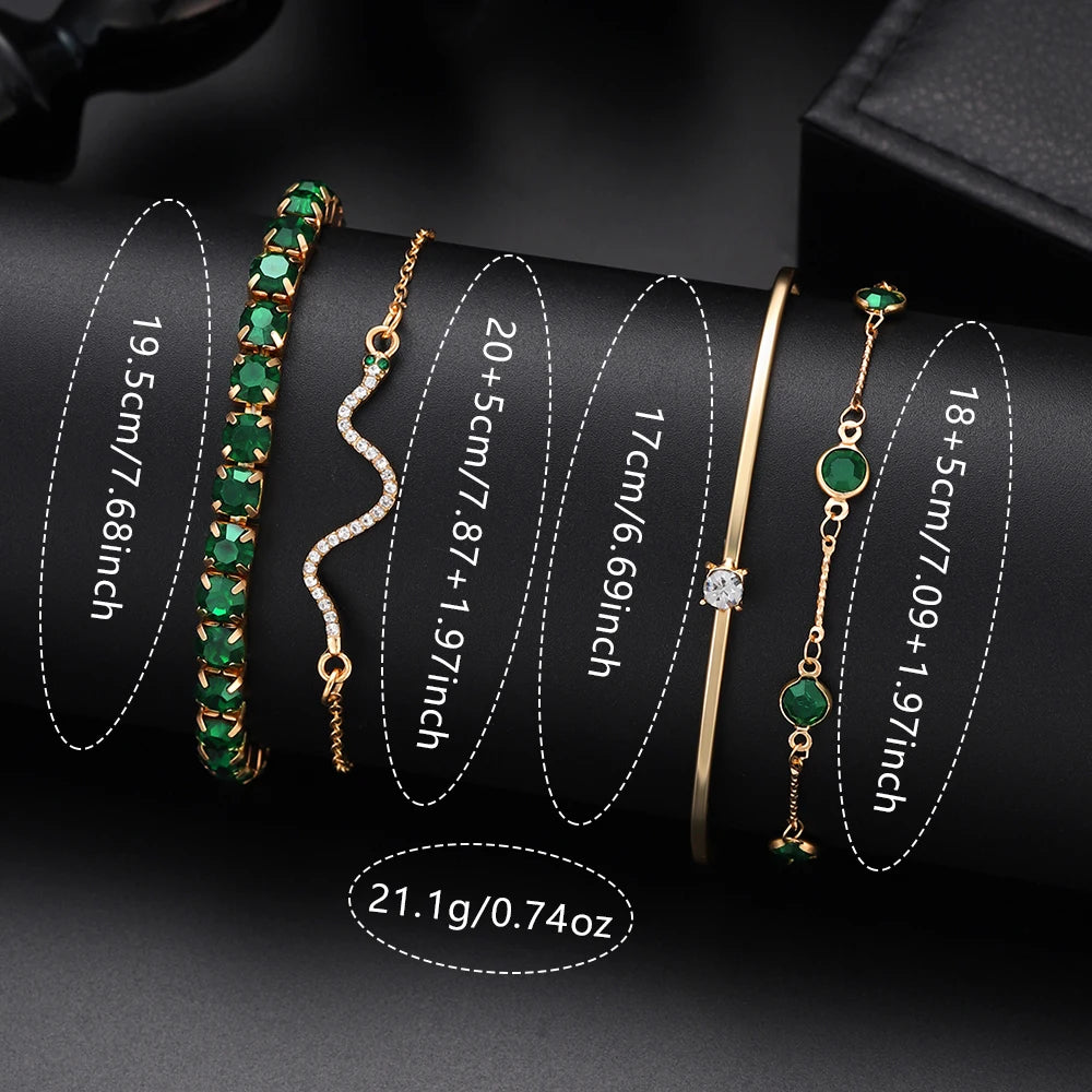 9PCS Green Women's Watch Set Trendy Fashion Rectangular Dial Quartz Watch Bracelet Necklace Earrings Set Holiday Gift