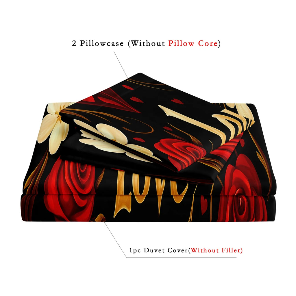 3Pcs Red Rose Heart Letter Love Print Bedding Set Included 1 Duvet Cover & 2 Pillowcases For All-Season Home Hotel Dorm Decor