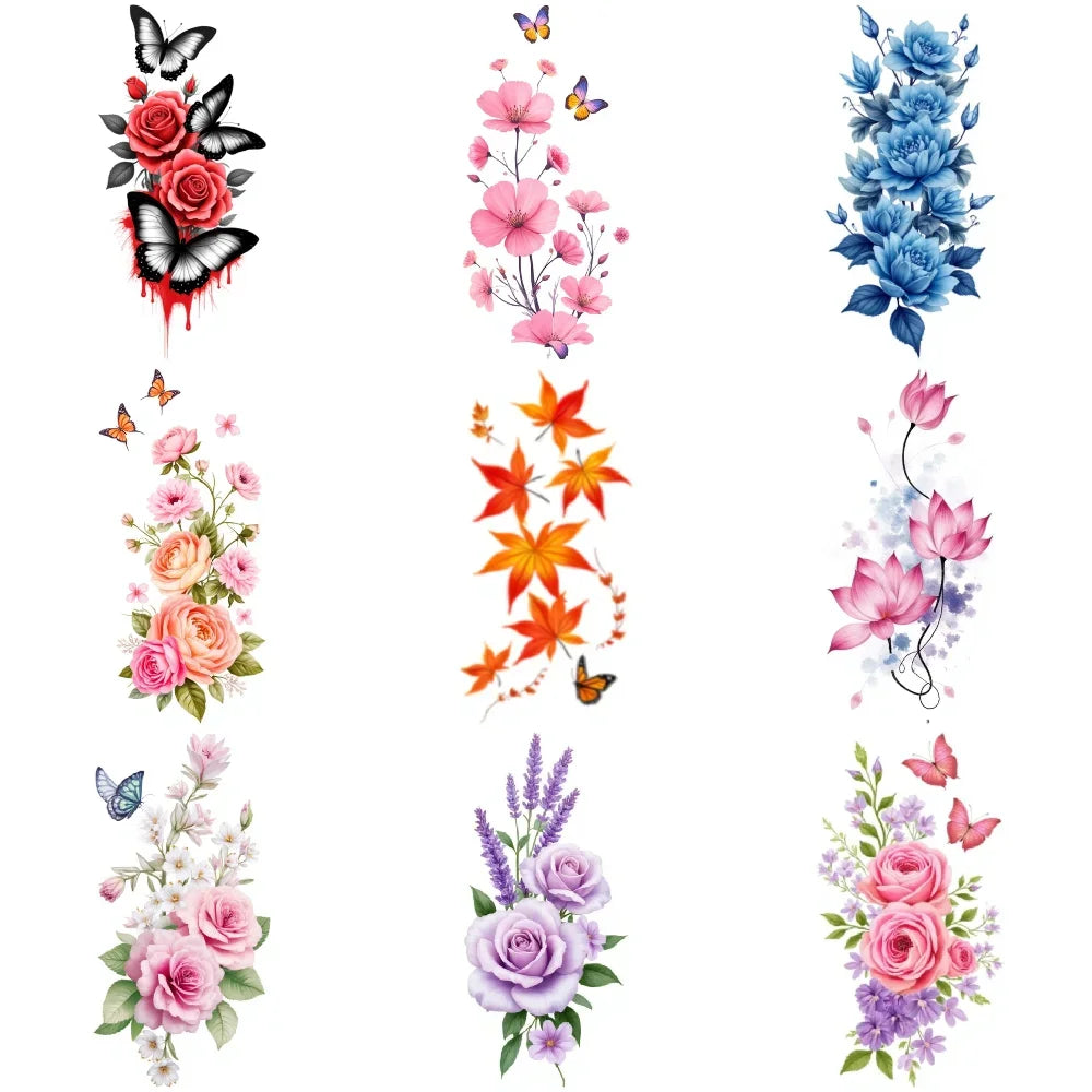 9pcs Colorful Flower Temporary Tattoos Stickers 3D Disposable Body Arm Tatoo Sticker Men Women Waterproof Fake Tatoos