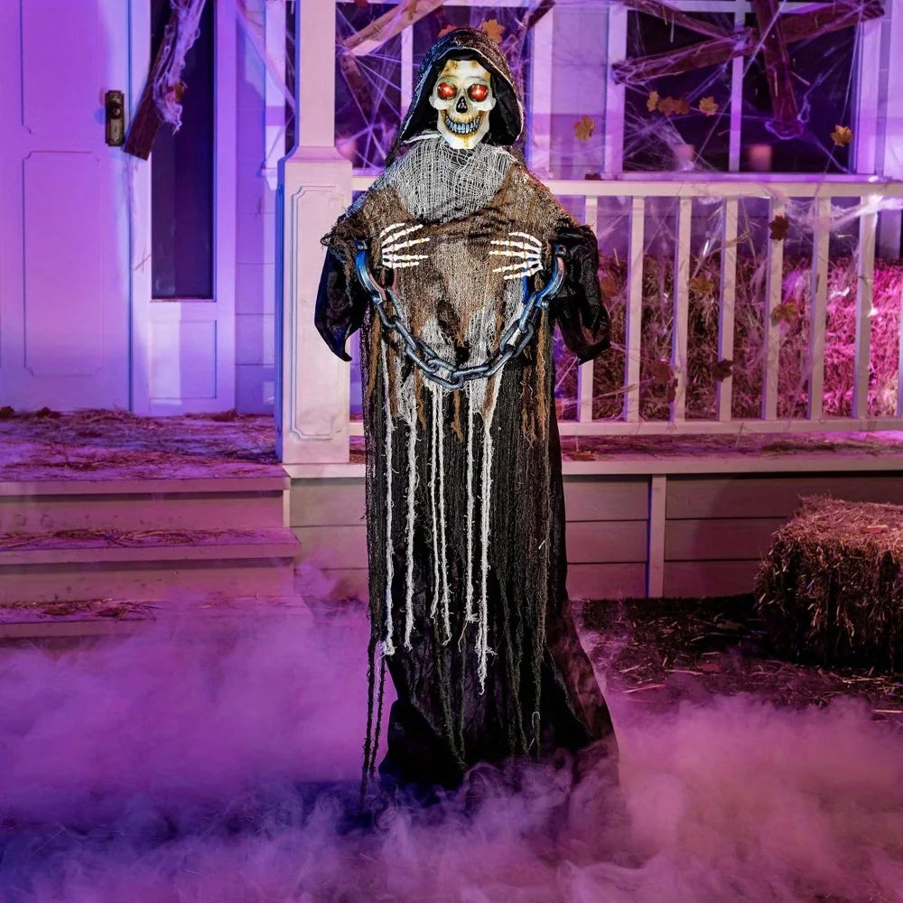 67''Halloween Decorations Outdoor Life Size Animatronics Grim Reaper with Chain Sound-Actived Party Decor with Creepy Sound Scary House Props for Garden Yard Lawn
