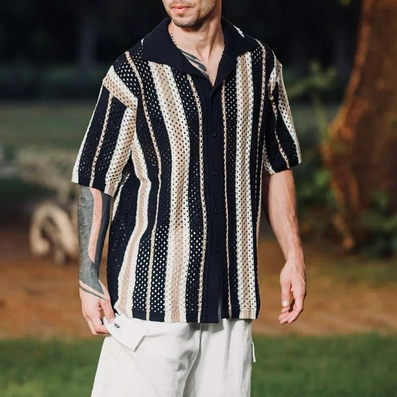 Contrast Color Striped Crochet Shirts Mens Vintage Turn-down Collar Buttoned Cardigan Tops Men Summer Daily Casual Knitted Shirt