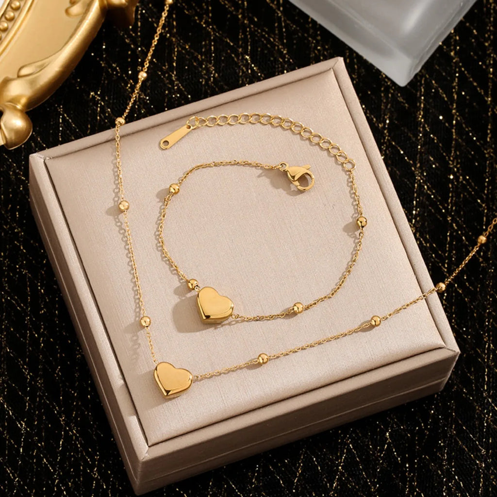Fashion Heart Bracelet Necklace Set for Women, Stainless Steel Gold Color Hypoallergenic Daily Jewelry Set Gifts 2pcs Set