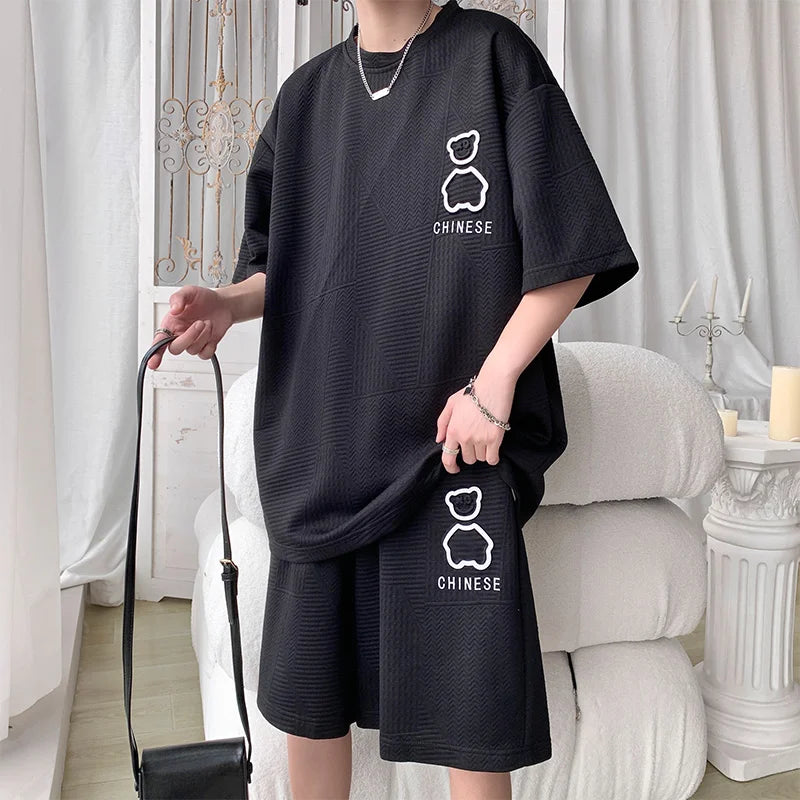 Casual Sportswear Set for Men Short Sleeve Five-Piece Pants Polyester Fiber Summer Collection Big Size T-Shirt And Shorts