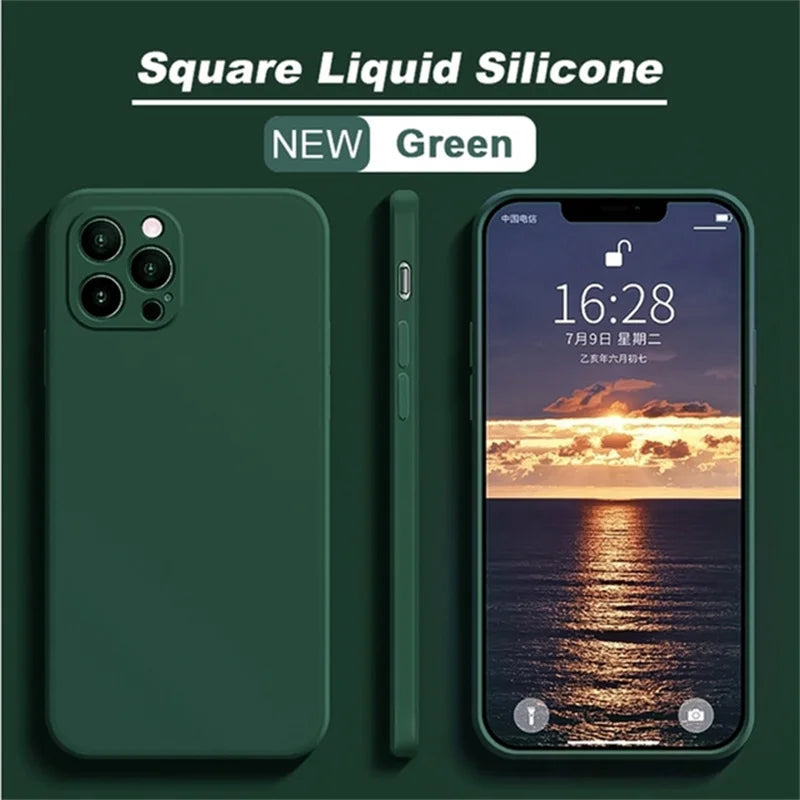 Original Silicone straight edge Case For iPhone 11 12 13 14 15 Pro XS Max XR X 8 7 Shockproof Funda Cover