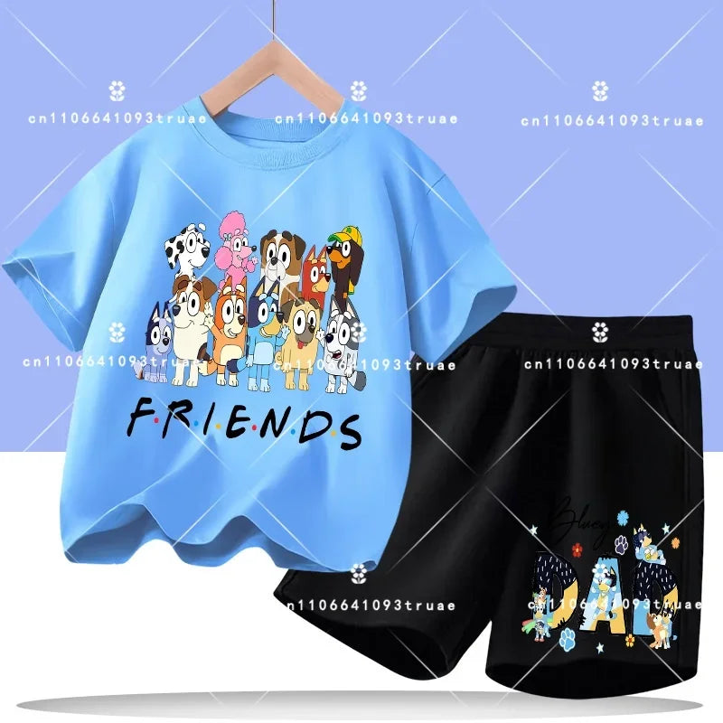 2026 summer T-shirt, 2-piece set Bluey children's 100% cotton short-sleeved set for boys - boys' sports shirt, girls' casual top