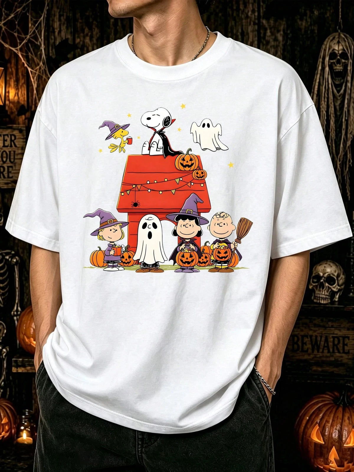 Halloween Snoopy Pumpkin Print Summer Short Sleeve T Shirt Unisex Adult Kids Casual Outfit For Boys Girls Summer Daily Wear