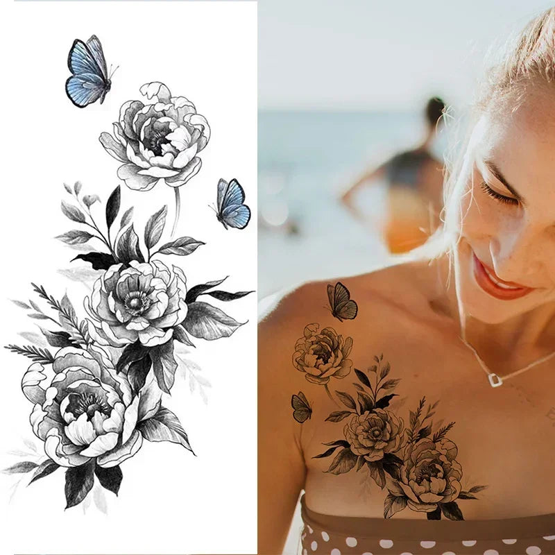 Women Sexy Temporary Tattoo Stickers Black Roses Pattern Full Flower Design Used for Arm Body Art Big Large Fake Tattoo Stickers