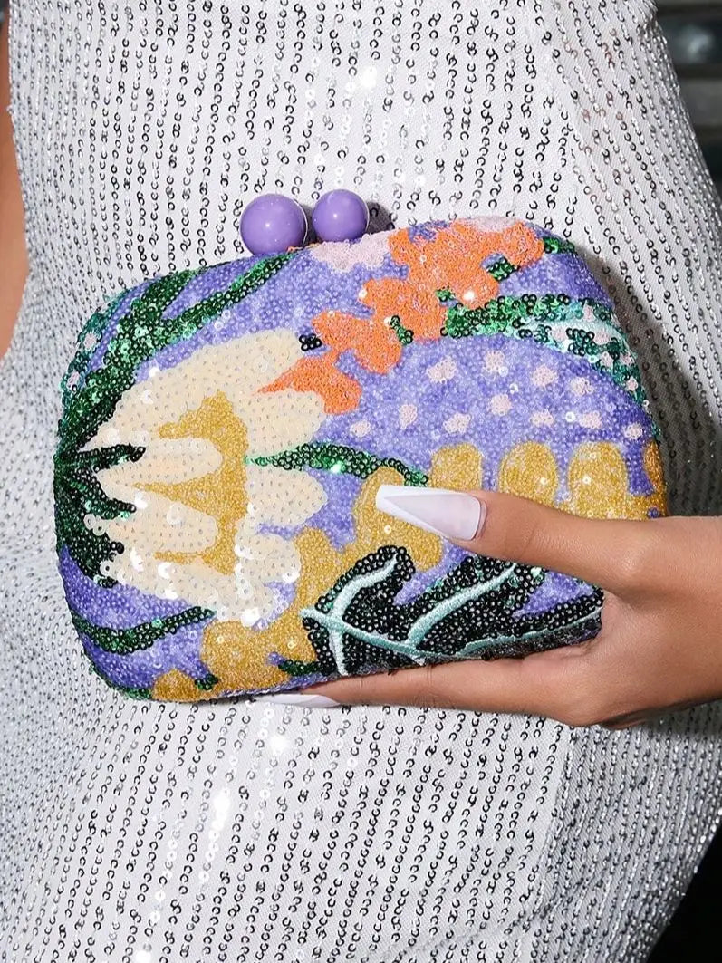 Purple Random Pattern Sequin Glittering evening Lady Glitter Purse for parties, weddings, club