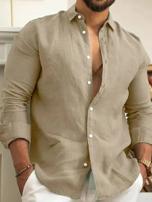 Men's Solid Color Cotton Linen Shirt Classic Button-Up Lapel Long Sleeve Loose Casual Top Spring Summer Fashion 2026