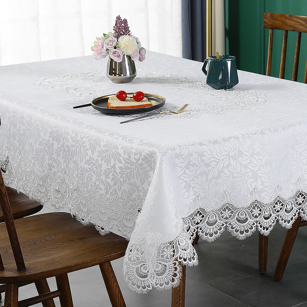 Battilo Lace Embroidery Tablecloth White Floral Rectangle Table Cloth Waterproof Table Cover For Dining Table Wedding Party Home