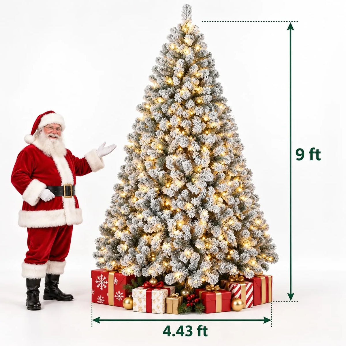 Prelit Artificial Christmas Tree with 100 Lights Snowflake Decorations Hinged PVC Branches Iron Trunk and Folding Metal Stand Green and White Holiday Decor for Living Room Home Christmas Party