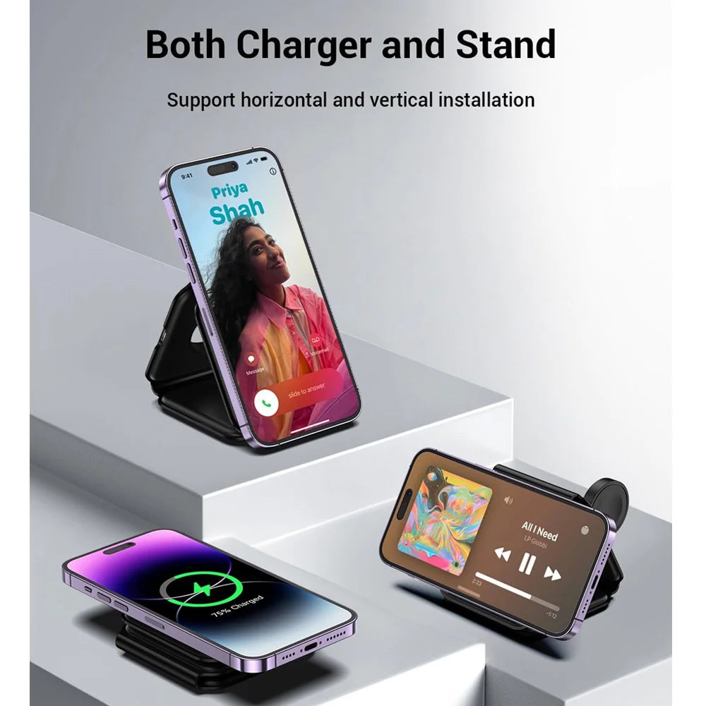 3-In-1 Foldable Magnetic Wireless Charger | Portable And Travel-Friendly | Compatible with Iphone 12-15 Series, Airpods 2/3/Pro