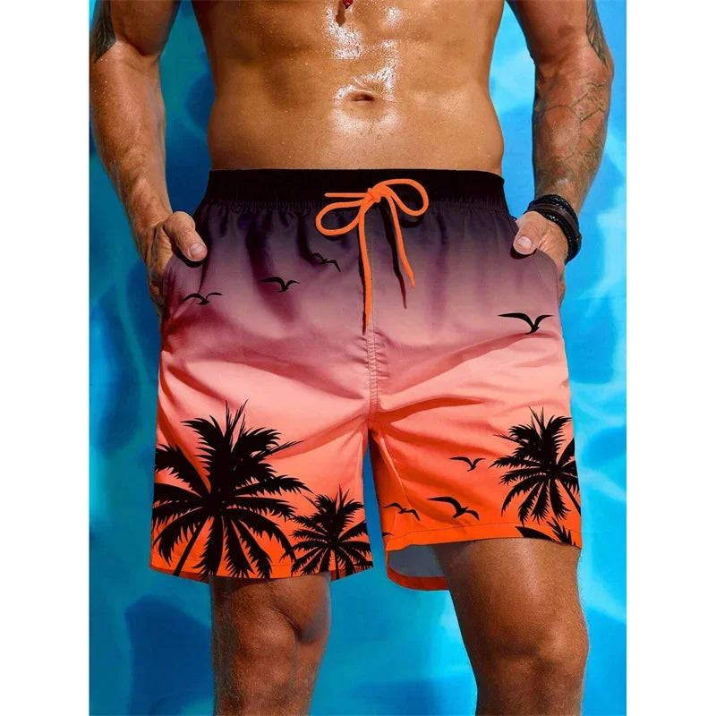 Palm Tree Pattern Beach Shorts Men Gradient 3D Printed Swim Trunks Summer Breathable Short Pants Loose Board Shorts Streetwear
