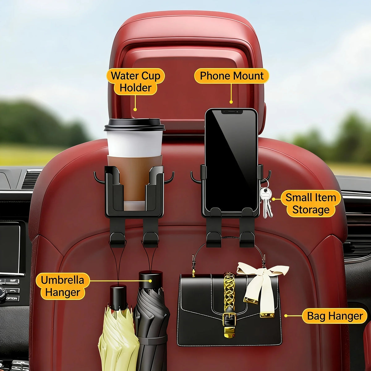 Car Seat Backrest Storage Rack with Cup Holder, Phone Holder, and Hooks, Saving Space, Automotive Parts