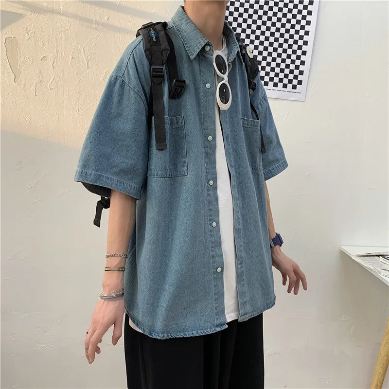 Short Sleeve Jacket Shirt Men's Trendy Brand INS Five Sleeve Casual Versatile Half Sleeve Trendy BF College Style Denim Shirt