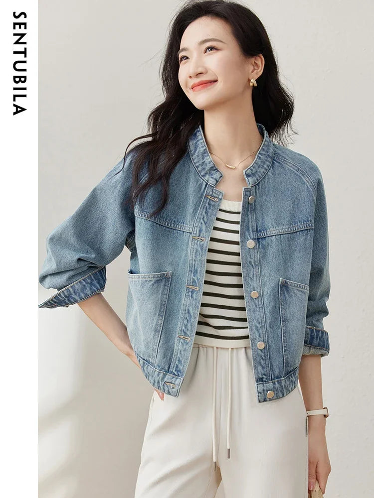 SENTUBILA Cropped Denim Jacket Coat For Women 2026 Spring Casual Stand Collar Long Sleeve Cotton Jeans Jackets Outwear W33W50369